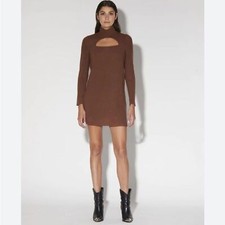 $198 Walter Baker Turtle Neck Cutout Ribbed Sweater Dress Brown Size M NWOT