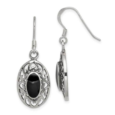 Sterling Silver Oval Black Agate Shepherd Hook Antiqued Earrings 1.3''