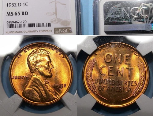 1952-D LINCOLN WHEAT CENT NGC MS 65 RD #612-10