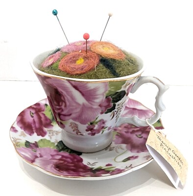 Porcelain Tea Cup Pin Cushion w Hand Felted Floral Wool Top