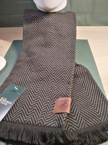 RANDOX GRAND NATIONAL HERRINGBONE DESIGN BLACK AND GREY SCARF WITH TAN LOGO TAB. - Picture 3 of 4