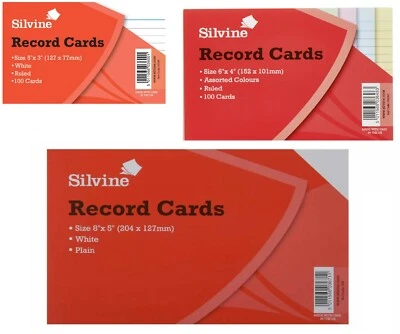 Silvine Record Cards Revision Flash White Ruled or Coloured for school/office