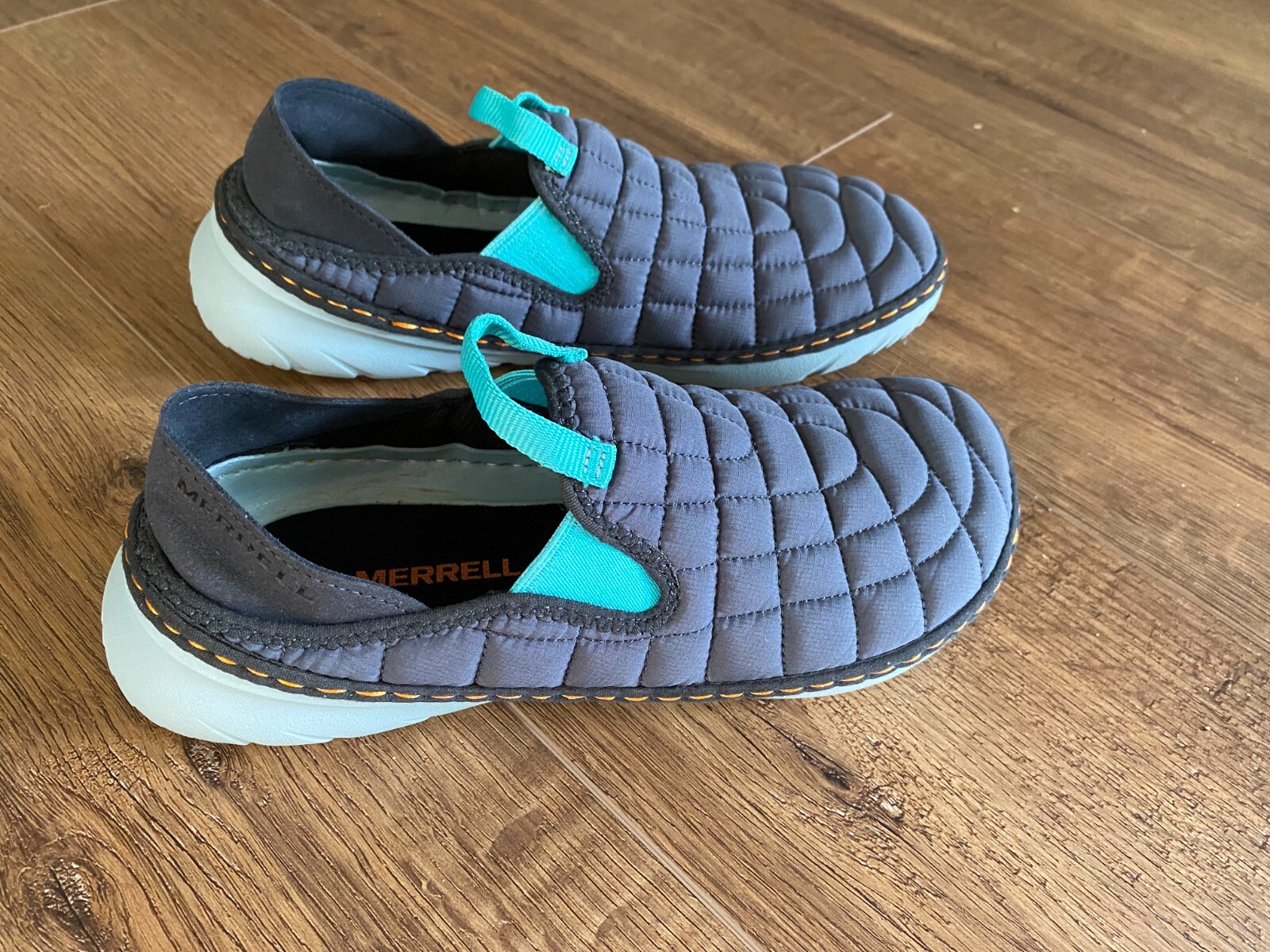 Merrell Hut Moc Scarpe Donna 7 Grigio Blu Trapuntato Nylon Slip On