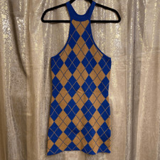 Urban Outfitters Blue Tan High Neck Argyle Mini Sweater Dress, Small NWT