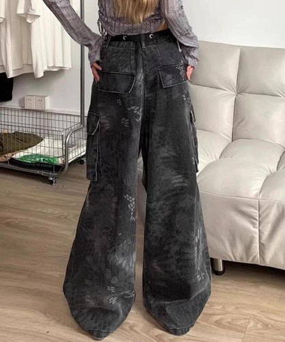 Women's Black Printed Straight Leg Casual Pants Cargo Pockets Men's Punk Hippie - Picture 3 of 8