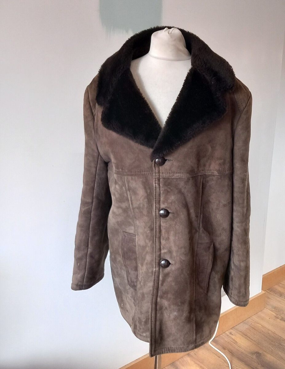 Mens Vintage 1980 80s real suede leather sheepskin shearling coat