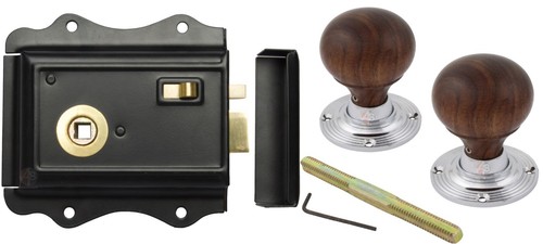 Old English Victorian Style Latch Lock Snib + Rosewood Bun Rim Door Knob Set - Picture 5 of 7