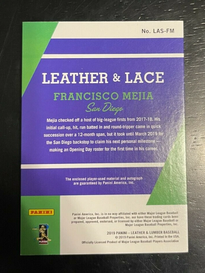 2019 LEATHER AND LUMBER FRANCISO MEJIA LEATHER LACE ROOKIE RC AUTO /15 RAYS - Image 2 of 2