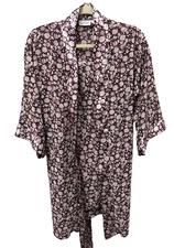Vtg Kathryn Sz S 2-Piece Robe Kimono Nightgown Floral Burgundy Pink Chiffon