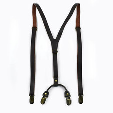 Retro Leather Adults Men'S Suspenders 4 Clips Y-Type Male Braces 1.5Cm Wide Stra