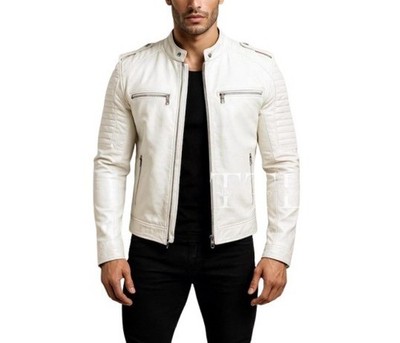 Leather Jacket Men's Classic Biker Motorcycle Bomber Men Racer Soft Zip White 21