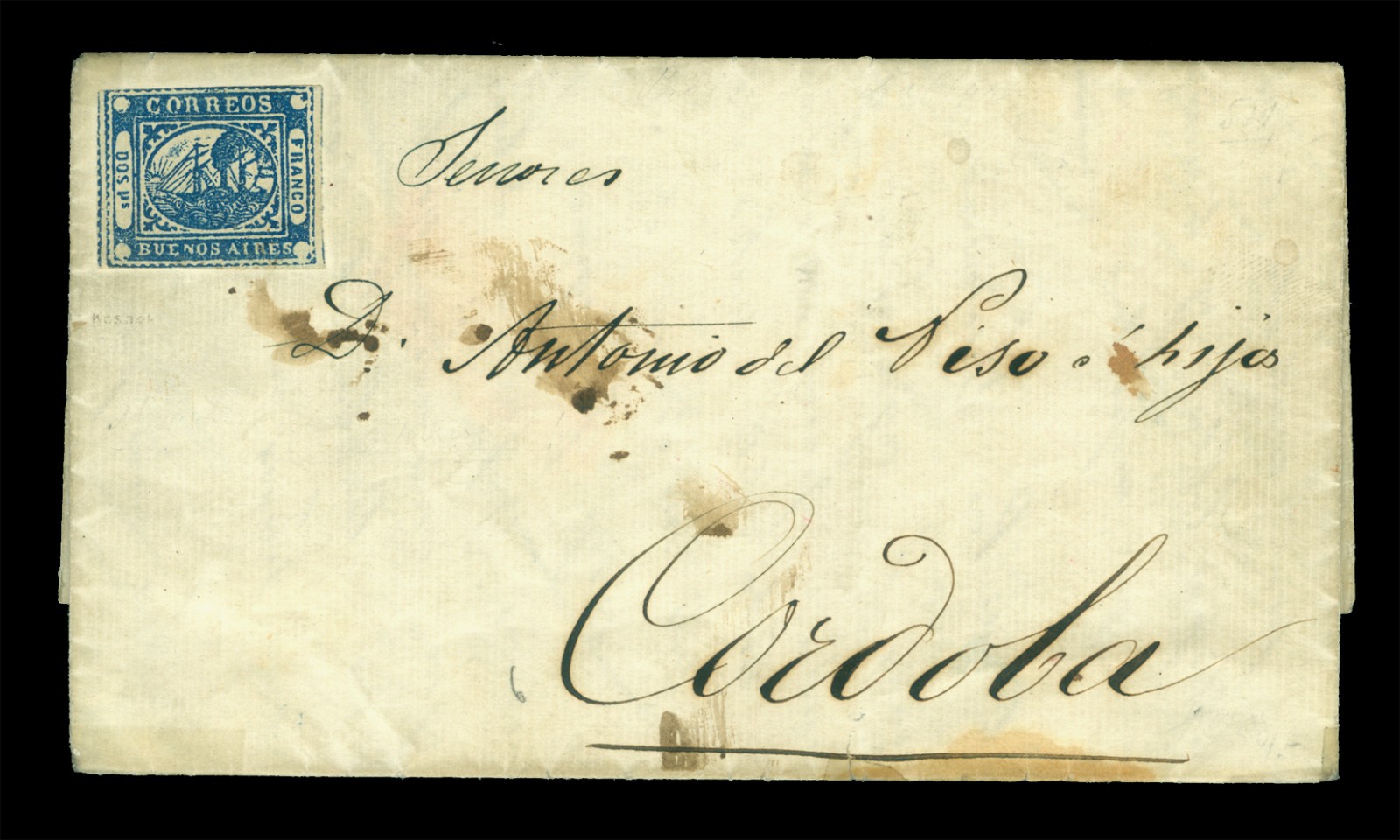 ARGENTINA 1858.6.12  Barquitos 2pesos blue on cover to Cordoba - no postmarks
