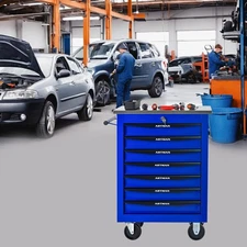 7 Drawer Tool Cart - Metal, Wheels, Stainless Roof (Black & Blue)