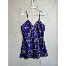 Vintage Val Mode Lingerie Blue Floral Gold Chain Satin Chemise Nightgown Medium