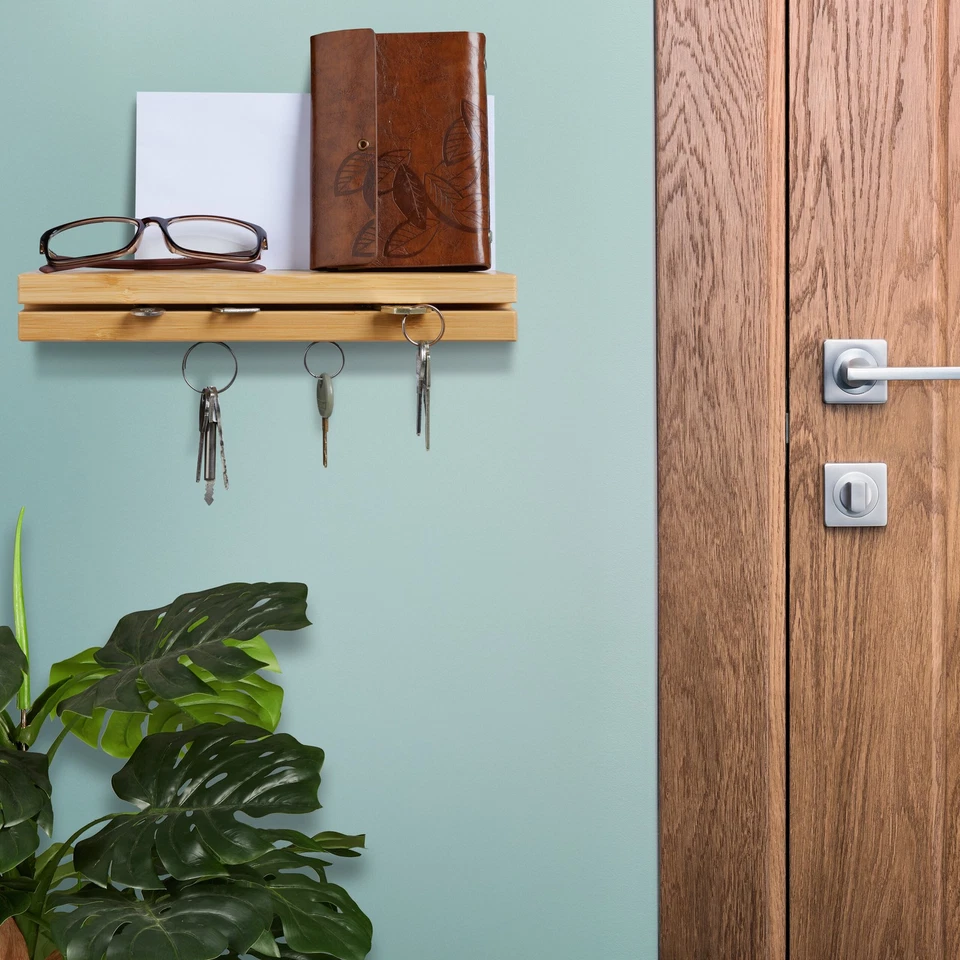 Key Holder Rack Shelf Tray Magnetic Storage Hallway Entrance Decor Bamboo 29.5cm - Image 2 of 4