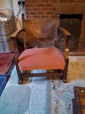 ANTIQUE ARTS CRAFTS OAK LOW ELBOW SMALL ARMCHAIR LEATHER STUDS OLD VINTAGE CHILD