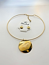 Choker Necklace Set w/Matching Dangle Earrings Gold Tone Circular Disc