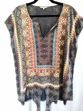 Lucky Brand 1X Gray Geometric Knit V-Neck Dolman Short Sleeve Tassel Tunic