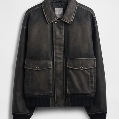 Gap Men's Black Leather Bomber Jacket XXL Zip Front Lined w/ Pockets