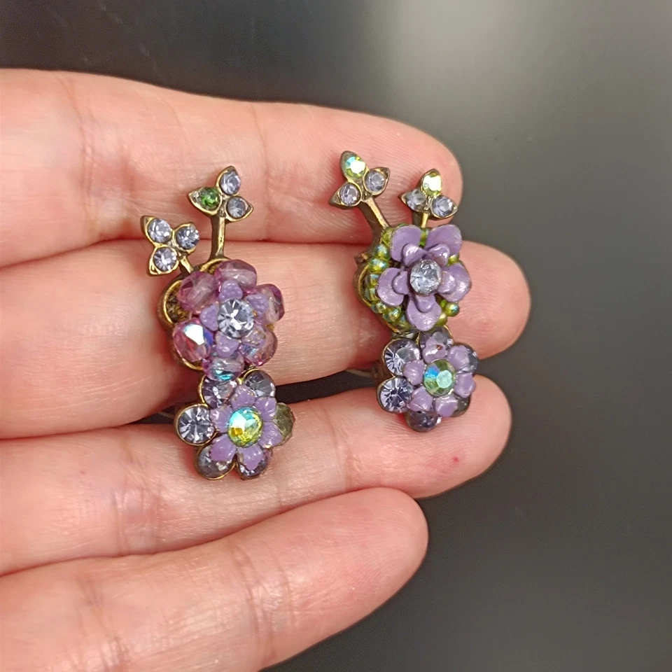 Pendientes Clip Floral Michal Negrin Cristal Verde Púrpura AB Vintage Renacimiento De Colección Foto 3 de 4