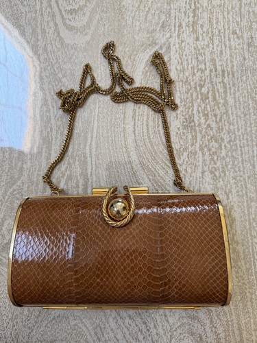 Vintage Genuine Snakeskin Cylinder Clutch Gold Chain Ball Clasp Evening Bag