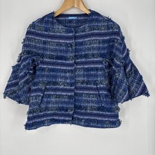 J McLaughlin Womens Woven Jacket Size S Blue Fringed Bell Sleeve Art to Wear
