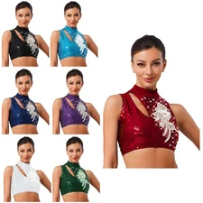Womens Tops Stage Dancewear Dance Crop Top Sequins Lyrical Rumba Hollow Out