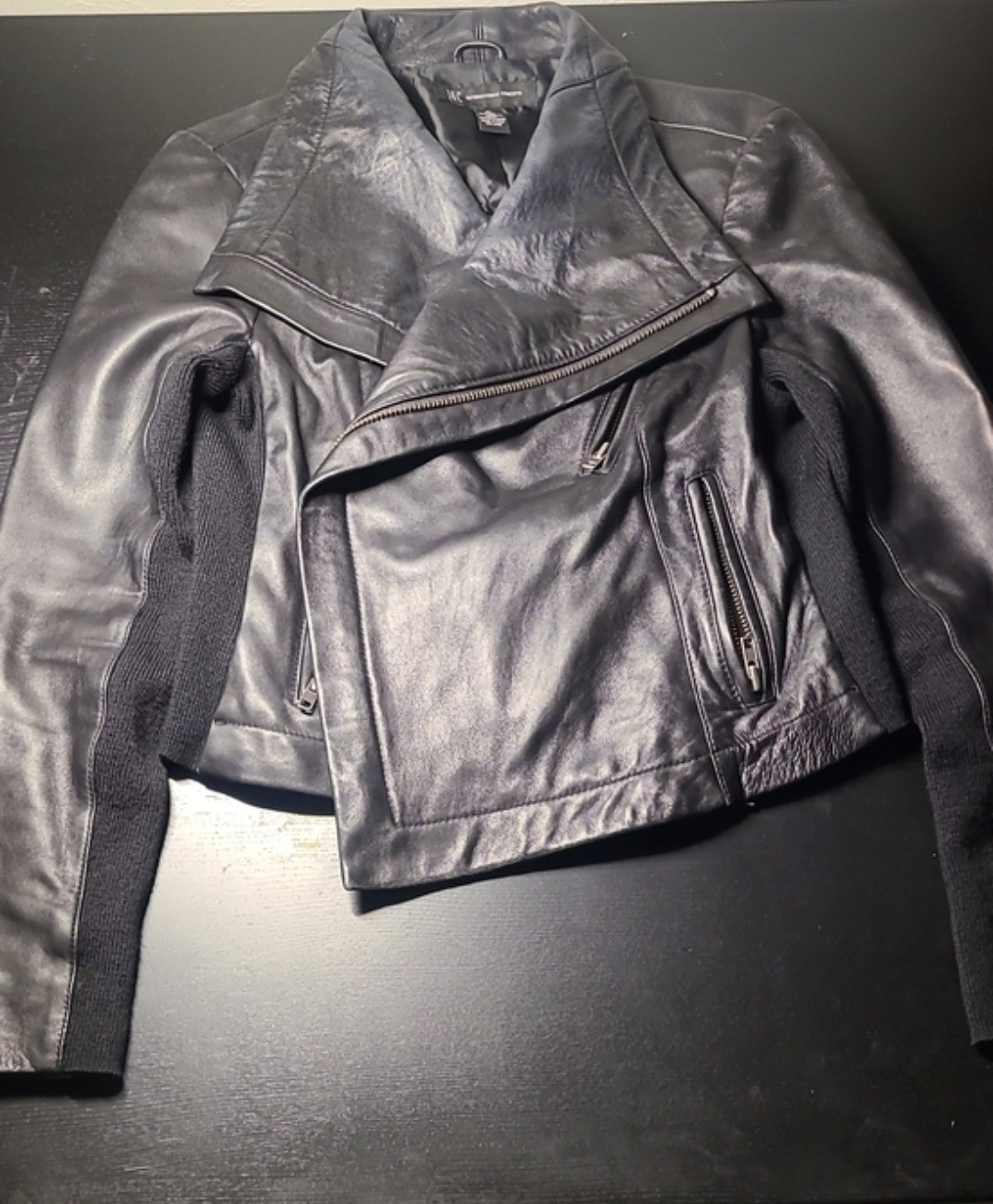 INC International Concepts Women's Black Leather Biker Jacket M Zip Pockets