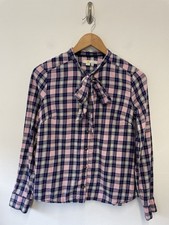 Boden Bow Neck Check Shirt Size 6 Pink Blue Plaid Long Sleeve 100% Cotton