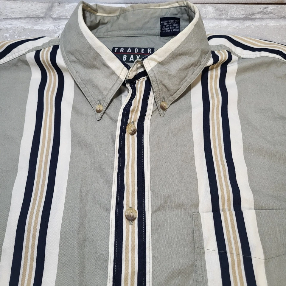 Camisa de Colección Trader Bay Para Hombre con Botones LG Rayas Verticales 100% Algodón Verde Azul Marino Foto 4 de 4