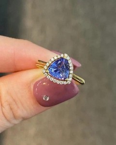 Authentic 2Ct Trillion Cut Lab Created Tanzanite Halo Wedding Ring 14k Yellow Gold Plated