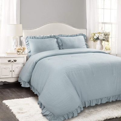 Reyna King Comforter Set, 3 Piece Cozy Bedding in Lake Blue