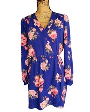 Honey Belle Womens M Long Sleeve Mini Dress Blue Pink Floral V-Neck Cottagecore