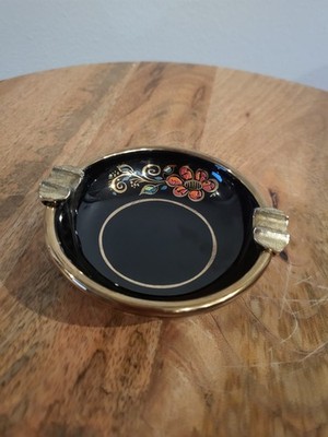 George Spyropoulos Black Floral Ashtray Handmade in Greece 24k Gold