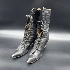 Antique Victorian Black Leather Lace Up Boots Pointed Toes French Spool Heels