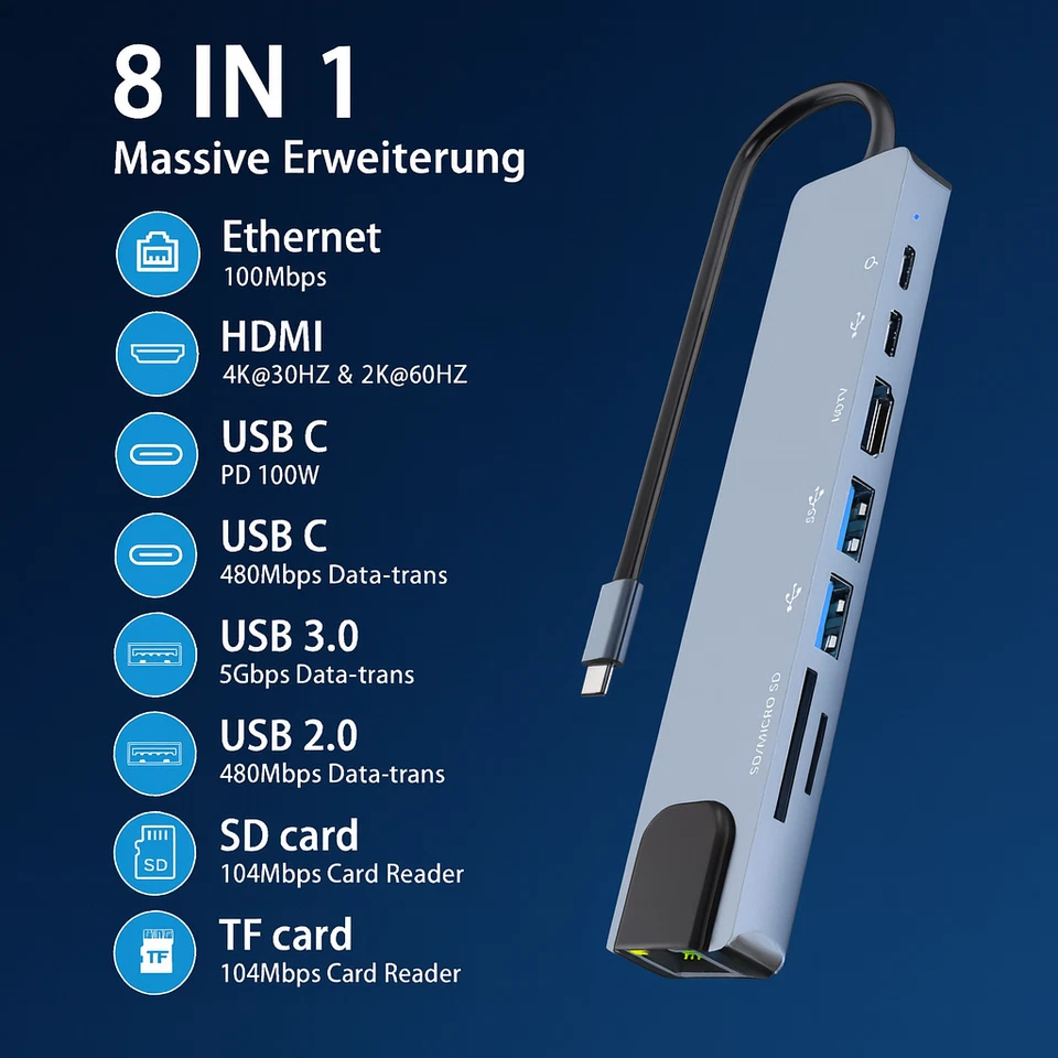 USB-C Hub 8-IN-1 Adapter 4K HDMI USB 3.0 LAN RJ45 Ethernet Micro SD Kartenleser - Bild 3 von 4