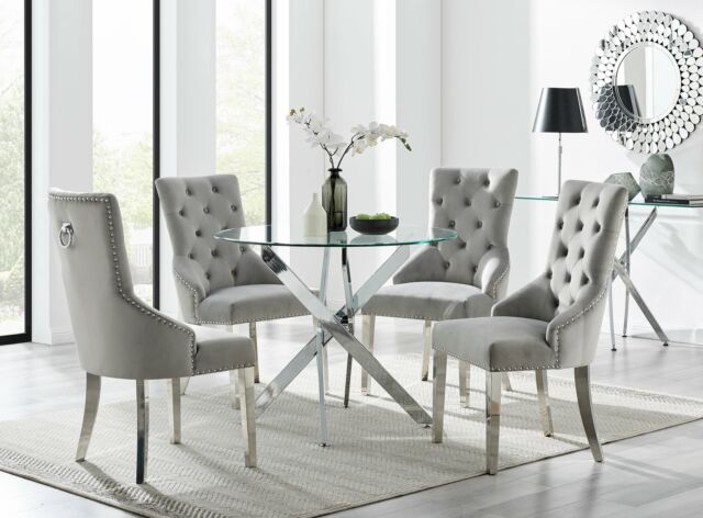 NOVARA 100cm Round Glass Dining Table & 2/4 Velvet Knockerback Belgravia Chairs