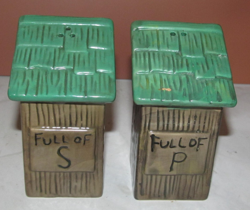 "FULL OF S" & "P" CERAMIC OUTHOUSE SHAPED SALT & PEPPER SHAKERS SHAKER SET