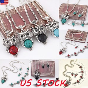 Women-Owl-Jewelry-Set-Tibetan-Silver-Turquoise-Necklace-Earrings-Stud-amp-Bracelet