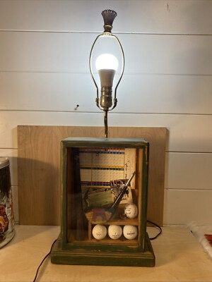 Vintage Golf Lamp Shadow Box Wood Framed Freestanding Display Club Balls Cards