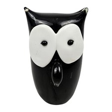 Black Blown Glass Owl Murano Style Figurine Sculpture Paperweight Mid-Century