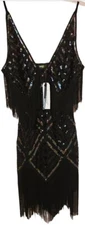 Babeyond 1920's Style Black Sequined Fringed Flapper Cocktail Dress Sz M