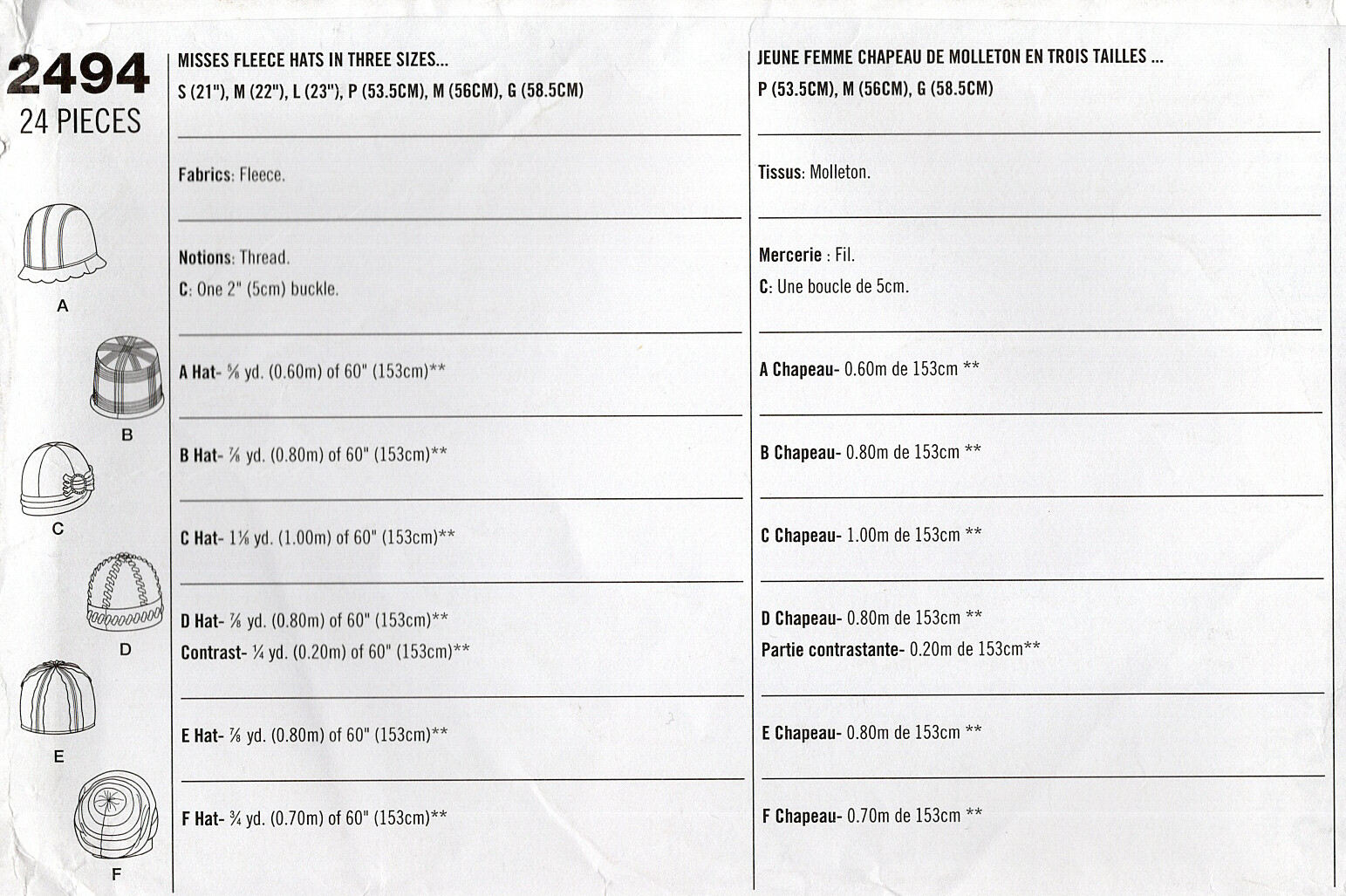 Simplicity 2494 Fleece Hats & Turban in 6 Styles Sz S-M-L UNCUT Sewing Pattern