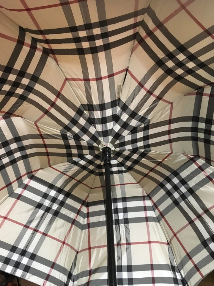 Paraguas Burberry Vintage Cuero Negro Mango Beige Exterior Cuadros Interior Nuevo Foto 4 de 4
