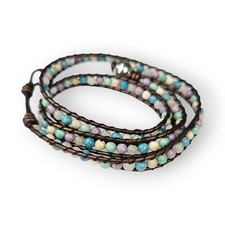 Gemstone Bead Wrap Bracelet Natural Quartz Agate Glass Faux Leather Pastel 20"