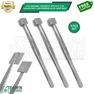 3 Pcs Mashing Tweezer 8  with 3/4  Flat Square Pads Lampworking Glass Work Bead
