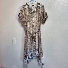 Fig & Flower Dress Women L Brown Animal Floral Print Button Front Belted Western