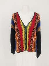 Vintage 80s 90s Black w/ Colorful Pattern Cardigan M Knit Hipster Grandmacore