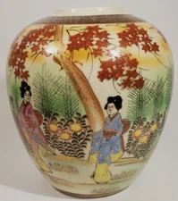 Japanese Hand Painted Satsuma Jar Vase Meji Period Figures in Vibrant Kimono