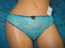 nwt Frederick's of Hollywood Sheer Blue Black Lace Open Crotch Bikini Panties OS
